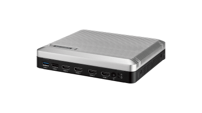 Compact, fanless AI signage player powered by AMD Ryzen™ Embedded 8000 Series, featuring an integrated NPU and support for up to 4 displays.
